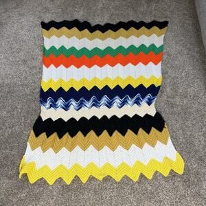 Handmade Vintage Crochet Afghan Blanket Zig‎ Zag Multi Color 67x52